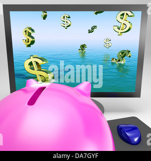 I simboli di dollaro annegamento sul monitor mostra un disastro finanziario o di crisi Foto Stock