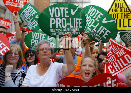 Dublino, Irlanda. Il 6 luglio 2013. Persone hold up pro-vita di segni. Migliaia di pro-vita gli attivisti hanno partecipato al VII annuale "All-Ireland Rally per la vita al di fuori del Dail Eireann (Parlamento irlandese), protestando sotto il motto 'kill bill non il bambino' contro la tutela della vita durante la gravidanza Bill 2013, che viene discusso in Parlamento e regolamenterà l aborto in Irlanda. Credito: Michael Debets/Alamy Live News Foto Stock