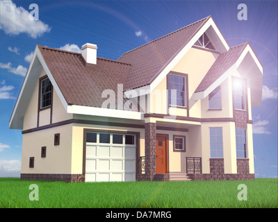 Famiglia moderna casa suburbana di erba e il cielo dello sfondo. 3d Foto Stock