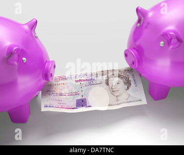 Piggybanks di lotta contro il denaro che mostra i risparmi di bilancio o Foto Stock