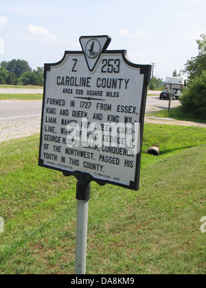 CAROLINE COUNTY Area 529 miglia quadrate formata nel 1727 da Essex, King e Queen e King William. Chiamato per la regina Carolina, moglie del re George II. George Rogers Clark, Conqueor del nordovest, passò la sua gioventù in questa contea. Foto Stock