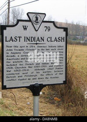 Ultimo scontro indiano vicino a questo posto nel 1764, Shawnee Indiani assassinati Giovanni tremare (Trimble) nell'ultima tale evento nella contea di Augusta. Nel corso del decennio precedente, una serie di conflitti tra i nativi americani e colonizzazione europea è avvenuto lungo la frontiera occidentale delle colonie. Essi comprendevano la guerra di indiano e francese (1754-1763), Cherokee guerra (1759-1761), e la Pontiac di guerra (1763-1764). Sebbene Chief Pontiac condotte la maggior parte delle sue guerre tra Detroit e Pittsburgh, gli effetti di tale conflitto increspata su e giù lungo la frontiera. Dipartimento di risorse storiche, 1997 Foto Stock