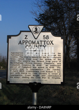 La contea di APPOMATOX Appomattox County è stato nominato per il Appomattox, il fiume che attraversa la contea. Il fiume è chiamato per la tribù Appamattuck, che ha vissuto vicino alla bocca del fiume. La contea è stata formata da parti di Buckingham, Prince Edward, Charlotte e Campbell contee nel 1845; un ulteriore parcl di Campbell è stato aggiunto nel 1848. La sede della contea è Appomattox. Domenica 9 aprile 1865, Confederati gen. Robert E. Lee ha incontrato con unione Lt. Gen. Ulysses S. Grant ad Appomattox Court House e consegnato il suo esercito, termina la guerra civile in Virginia. Dipartimento di risorse storiche, 2003 Foto Stock