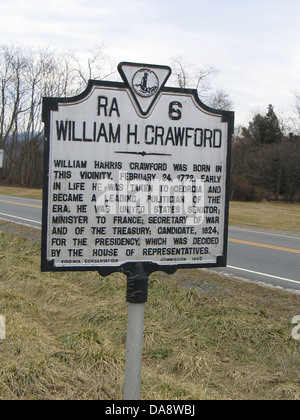 WILLIAM H. CRAWFORD William Harris Crawford è nato in questa prossimità, 24 febbraio 1772. Nei primi anni di vita egli fu preso alla Georgia e divenne un importante uomo politico dell'epoca. Egli è stato negli Stati Uniti il senatore; Ministro di Francia; Segretario della guerra e del Tesoro; candidato, 1824, per la Presidenza che è stato deciso dalla Casa dei Rappresentanti. Virginia conservazione Commissione 1942 Foto Stock