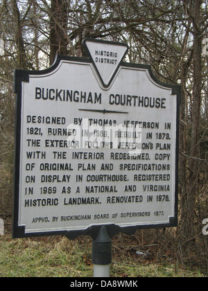 BUCKINGHAM COURTHOUSE progettato da Thomas Jefferson nel 1821, bruciato nel 1869, ricostruita nel 1873. L'esterno segue Jefferson il piano con gli interni riprogettati. Copia del piano originale e specifiche sul display nella courthouse. Registrati nel 1969 come un nazionale e Virginia Storica pietra miliare. Rinnovato nel 1976. Appvd. Da Buckingham Board di supervisori 1977. Foto Stock