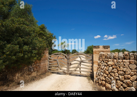 Isole Baleari, Maiorca, Mallorca, Spagna, Europa, esterno, portellone,, cancelli, agriturismo, muro di pietra, parete tradizionale, Llucmajor, Foto Stock