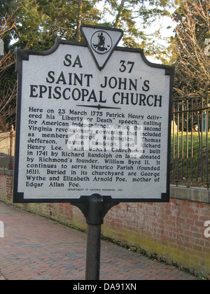 SAINT JOHN episcopale della Chiesa qui il 23 marzo 1775 Patrick Henry consegnato il suo 'Libertà o morte" discorso, chiamando per l indipendenza americana durante la seconda Virginia convenzione rivoluzionaria che comprendevano i membri George Washington Thomas Jefferson, Peyton Randolph, e Richard Henry Lee. San Giovanni la Chiesa fu costruita nel 1741 da Richard Randolph su un terreno donato da Richmond del fondatore, William Byrd II. Essa continua a server Henrico parrocchia (fondata nel 1611). Sepolto nel suo cimitero sono George Wythe ed Elizabeth Arnold Poe, madre di Edgar Allan Poe. Dipartimento di risorse storiche, 1991 Foto Stock