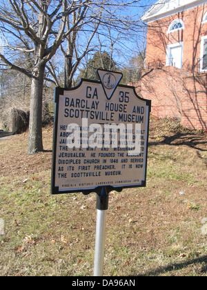 BARCLAY HOUSE E MUSEO SCOTTSVILLE qui sorge la Barclay House, costruita intorno al 1830. Più tardi la casa del dottor James Turner Barclay, inventore per gli Stati Uniti La menta e missionario a Gerusalemme. Egli fondò i discepoli adiacente chiesa nel 1846 e servito come suo primo predicatore. Esso è ora il Museo Scottsville. Foto Stock