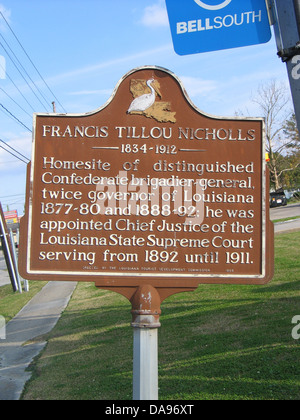 Francesco TILLOU NICHOLLS (1834-1912) Homesite di illustri confederato brigadier generale, due volte Governatore della Louisiana 1877-80 e 1888-92; è stato nominato capo della Giustizia della Louisiana la corte suprema dello Stato che serve da 1892 fino a 1911. Eretta dal Louisiana Sviluppo Turistico Commissione, 1968 Foto Stock