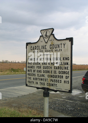 CAROLINE COUNTY Area 529 miglia quadrate formata nel 1727 da Essex, King e Queen e King William. Chiamato per la regina Carolina, moglie del re George II. George Rogers Clark, conquistatore del nordovest, passò la sua gioventù in questa contea. Conservazione e Sviluppo Commissione, 1929. Foto Stock