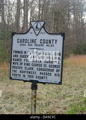 CAROLINE COUNTY Area 529 miglia quadrate formata nel 1727 da Essex, King e Queen e King William. Chiamato per la regina Carolina, moglie del re George II. George Rogers Clark, conquistatore del nordovest, passò la sua gioventù in questa contea. Conservazione e Sviluppo Commissione, 1929. Foto Stock