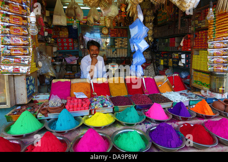 India India del Sud, Asia, Karnataka, Mysore Devarala, Mercato delle spezie, shop, colorati, colori, shop, sorriso, fornitore Foto Stock