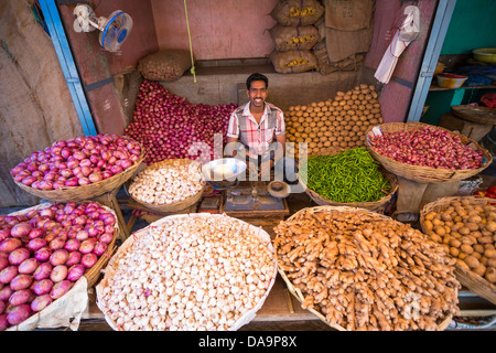 India India del Sud, Asia, Karnataka, Mysore Devarala, Mercato delle spezie, shop, colorati, colori, shop, sorriso, fornitore di verdure Foto Stock