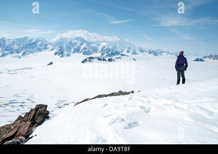 Un alpinista si affaccia sul Monte Logan, la vetta più alta del Canada, negli icefields delle Montagne di St. Elias, territorio di Yukon, Canada. Foto Stock