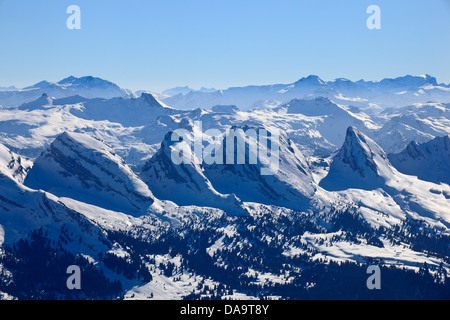 Alpi, Alpstein, gamma, Appenzell, vista montagna, montagne, Churfirsten, nebbia, foschia, montagne, summit, picco, sky, massiccio, nebbia, Foto Stock