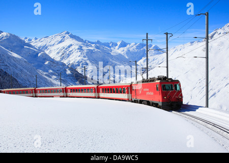 Alpi, Andermatt, Ferrovia, montagne, ferrovia, Furka Oberalp, locomotiva, motore, Matterhorn Gotthard, Ferroviaria Nätschen, Oberal Foto Stock