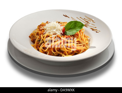 Spaghetti alla bolognese su piastra bianca Foto Stock