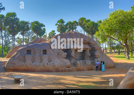 Eredità di Mondo, Ajuna, India India del Sud, Asia, Mamallapuram Città, penitenza, Rock-cut, architettura, Stato Tamil Nadu, arte, Dra Foto Stock