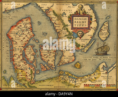 Antica Mappa di Danimarca, da Abraham Ortelius, circa 1570 Foto Stock