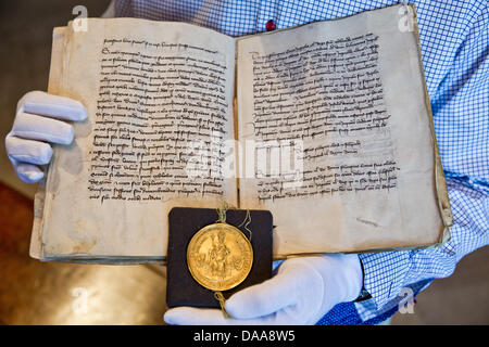 Il Palatino copia della bolla d'oro 0f 1356 è raffigurato nel castello imperiale di Norimberga, Germania, 09 luglio 2013. Il decreto della dieta imperiale fissato importanti aspetti della struttura costituzionale del Sacro Romano Impero ans sarà sul display fino al 21 luglio 2013. Il Palatino copia ha un sigillo d'oro. Foto: DANIEL KARMANN Foto Stock