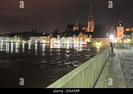 Die Donau"führt in der Nacht zum Samstag (15.01.2011) in Regensburg (Oberpfalz) Hochwasser. Regensburg hat sich in der Nacht zum Samstag auf ein dramatisches Hochwasser vorbereitet. Im Zentrum der Welterbestadt erreichte die Donau kurz vor Mitternacht einen Pegelstand von 5,86 m. Der Krisenstab bestätigte noch einmal, dass am Samstag eine dann mindestens 6,60 metro hohe Flutwel Foto Stock