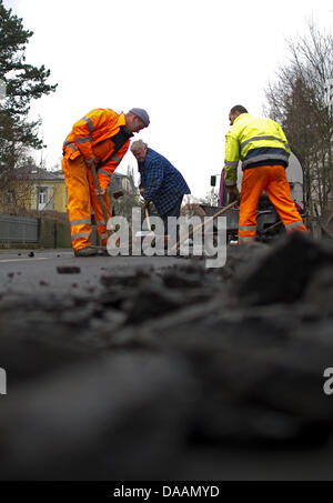 Il personale di una società roadmaking revisioni di danneggiare la superficie stradale di Dresda, in Germania, 08 febbraio 2011. Congelamento e scongelamento e rigide condizioni invernali causato danni alle superfici stradali in tutta la Germania. Foto: Arno Burgi Foto Stock