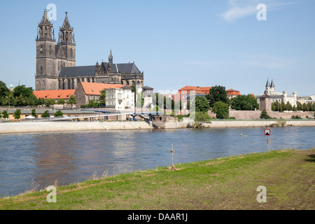 Magdeburg lungo il fiume Elba dalla cattedrale al Kloster Unser Lieben Frauen, Sassonia Anhalt, Germania Foto Stock