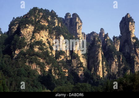 Quarzite sottili pinnacoli e picchi di arenaria a Wulingyuan Area d'interesse storico e paesaggistico in Zhangjiajie National Forest Park nella provincia del Hunan Cina Foto Stock