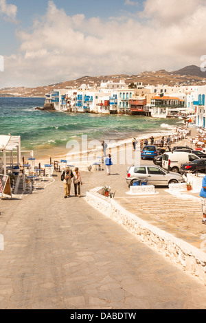 Vista della piccola Venezia, Chora, Mykonos, Mykonos, Grecia Foto Stock