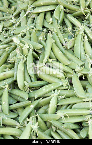 Pila di zucchero a scatto baccelli di piselli a frutta e verdura in stallo nel Mercato degli Agricoltori sfondo Foto Stock