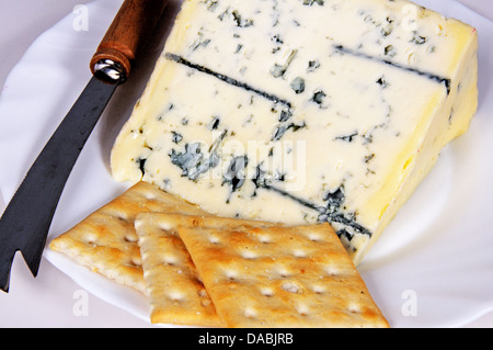 Il francese bleu d'Auvergne formaggio con cracker e formaggio coltello su una piastra bianca. Foto Stock