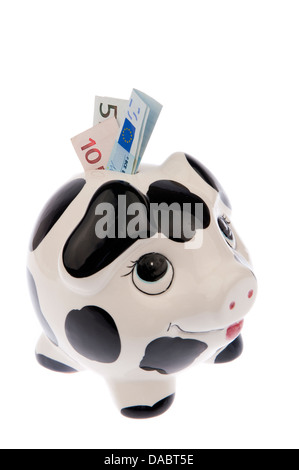 Salvadanaio di bianco e nero con macchie di mucca, guardando verso l'alto con una varietà delle banconote in euro nel suo slot, isolato in bianco Foto Stock