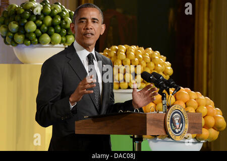 Washington DC, Stati Uniti d'America. 09 Luglio, 2013. Il Presidente degli Stati Uniti Barack Obama offre commento durante la seconda annuale "Kids' Membro cena", nella Sala Est della Casa Bianca a Washington DC, USA, 09 luglio 2013. Il 'state cena" offre una selezione di ricette vincente e riconosce di cinquanta quattro vincitori in rappresentanza di tutti gli stati degli Stati Uniti, tre territori e il Distretto di Columbia. Credito: Michael Reynolds / Pool via CNP/dpa/Alamy Live News Foto Stock