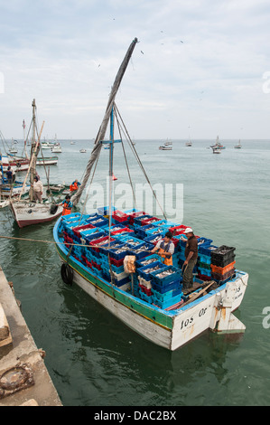 I pescatori di sardine pesce pesci casse scatole barche barca industria in Los Organos villaggio nei pressi di mancora, Perù. Foto Stock