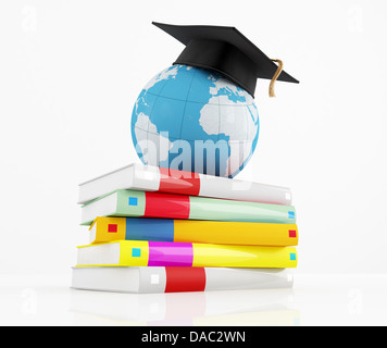 Tappo di graduazione per il globo e la pila del libro - il rendering Foto Stock