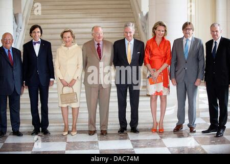 Il Vertice di Laeken, Bruxelles, Belgio. 10 Luglio, 2013. Ex primo ministro belga Jean Luc Dehaene (L-R), il Primo Ministro Elio di Rupo, la Regina Paola del Belgio, Re Alberto II del Belgio, Crown Prince Philippe del Belgio, principessa Mathilde del Belgio e belga ex primo ministro belga Guy Verhofstadt e Yves Leterme posano per una foto ad un ricevimento durante il regno di Re Alberto II del Belgio, svoltasi presso il castello reale di Laeken, Bruxelles, Belgio, 10 luglio 2013. Foto: Patrick van Katwijk / Paesi Bassi e Francia; OUT/dpa/Alamy Live News Foto Stock