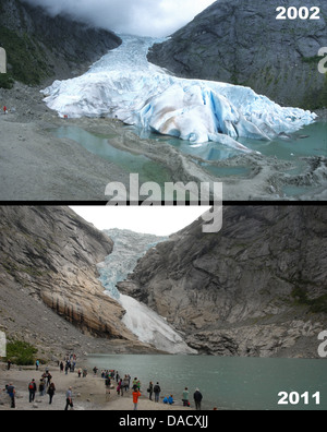 Ritiro del Ghiacciaio Briksdal (Briksdalsbreen), western Josterdalsbreen, Olden, Norvegia, Scandinavia, Europa Foto Stock