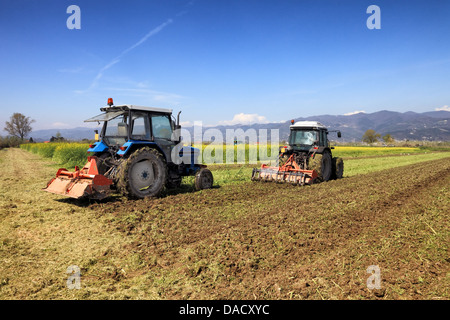 Concetto di agricoltura, trattori arando un campo Foto Stock