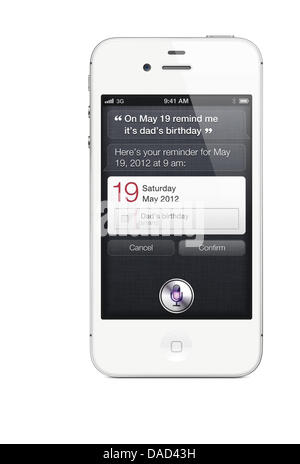 Un documento di riferimento file di Apple datata 04 ottobre 2011 mostra il nuovo modello di iPhone - 4S- in Cupertino, Stati Uniti d'America. L'iPhone 4S viene fornito con un processore più veloce rispetto ai modelli precedenti e sarà nei negozi il 12 ottobre 2011, secondo Apple. In aggiunta il sistema operativo iOS 5 presenta le novità per iPhone e iPad. Foto: Apple Foto Stock