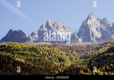 Le Aiguilles de Chamonix picchi, Chamonix, Haute-Savoie, sulle Alpi francesi, Francia, Europa Foto Stock