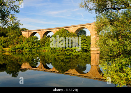 Viadotto ferroviario specchiato in un fiume Ruhr, in Germania, in Renania settentrionale-Vestfalia, la zona della Ruhr, Herdecke Foto Stock