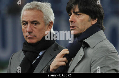 Germania allenatore Joachim Löw (R) e l'allenatore olandese Bert van Marwijk parlare a vicenda appena prima l'amichevole internazionale partita di calcio vs Germania Paesi Bassi at Imtech Arena di Amburgo, Germania, 15 novembre 2011. Foto: Jochen Lübke dpa/lno +++(c) dpa - Bildfunk+++ Foto Stock