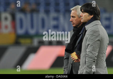 Germania allenatore Joachim Löw (R) e l'allenatore olandese Bert van Marwijk parlare a vicenda appena prima l'amichevole internazionale partita di calcio vs Germania Paesi Bassi at Imtech Arena di Amburgo, Germania, 15 novembre 2011. Foto: Jochen Lübke dpa/lno +++(c) dpa - Bildfunk+++ Foto Stock