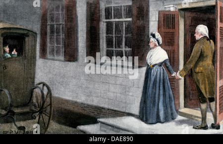 George Washington e sua moglie Martha dire addio agli ospiti a Mount Vernon. Colorate a mano di mezzitoni una illustrazione Foto Stock