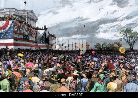 Presidente Grover Cleveland del primo discorso inaugurale, 1885. Colorate a mano la xilografia Foto Stock