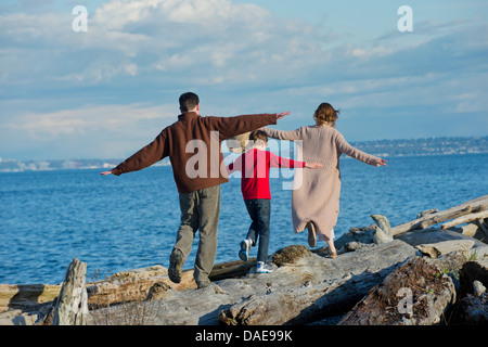 Vista posteriore della famiglia camminando lungo il tronco di albero a costa Foto Stock