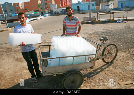 Due uomini che assumono i blocchi di ghiaccio per il raffreddamento per il mercato del pesce, Egitto, Hurghada Foto Stock