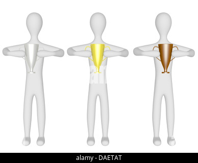 3D Render di tre maschi tenendo i Trofei Foto Stock