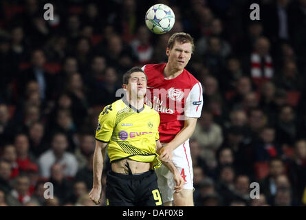 Arsenal Per Mertesacker (r) e Dortmund Robert Lewandowski (l) lotta per la palla durante la Champions League gruppo F partita di calcio tra Arsenal e Borussia Dortmund all'Emirates Stadium di Londra, Gran Bretagna, 23 novembre 2011. Foto: Friso Gentsch dpa +++(c) dpa - Bildfunk+++ Foto Stock