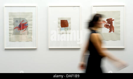 Una giovane donna cammina passato le opere 'suite Schwurhand' in una esposizione delle opere di Joseph Beuys nella Galerie Thomas moderno a Monaco di Baviera, Germania, 24 novembre 2011. La mostra va dal 25 Novembre 2011 fino al 25 febbraio 2012 e mostra di scultura, disegni e le edizioni di Joseph Beuys. Foto: SVEN HOPPE Foto Stock